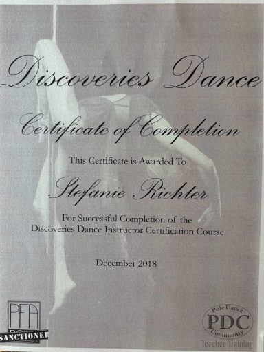Zertifikat für Tanz, vergeben an Stefanie Richter, Dezember 2019.