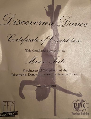 Zertifikat über den Abschluss eines Tanzkurses, mit einer tanzenden Silhouette.